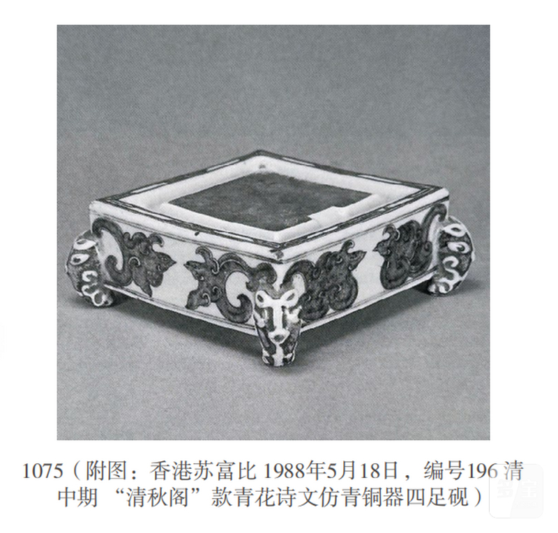 清中期 “清秋阁”款青花诗文仿青铜器四足砚 - 图3
